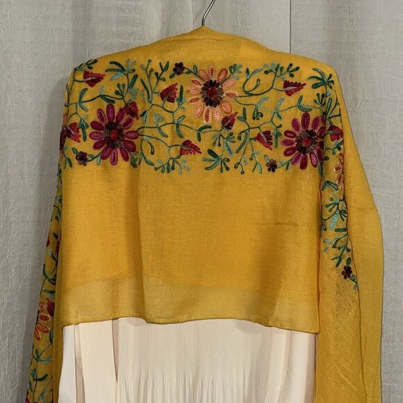 bon voyage Gold Orange Fuchsia Pink Teal Floral Embroidered Scarf Wrap - Picture 2 of 8